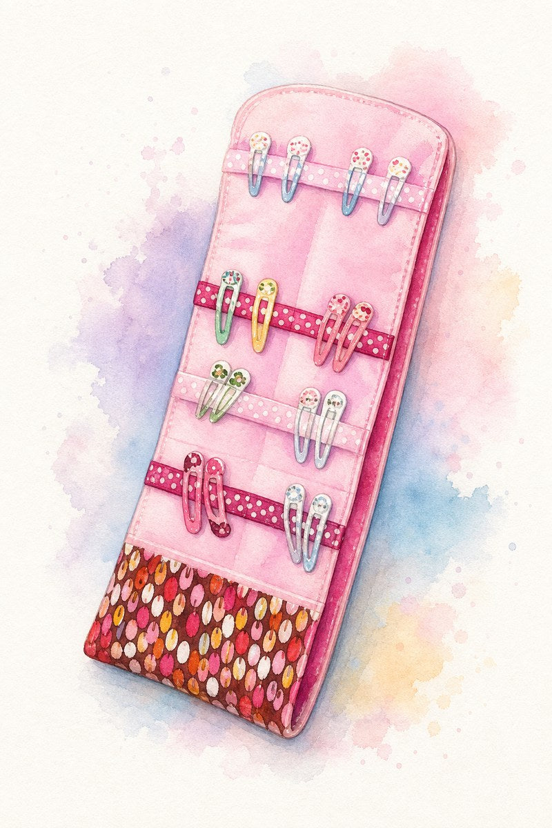 Pochette à barrettes en tissu avec rabat et bouton pression, rubans intérieurs pour maintenir les barrettes et accessoires cheveux — Patron PDF gratuit à télécharger et coudre