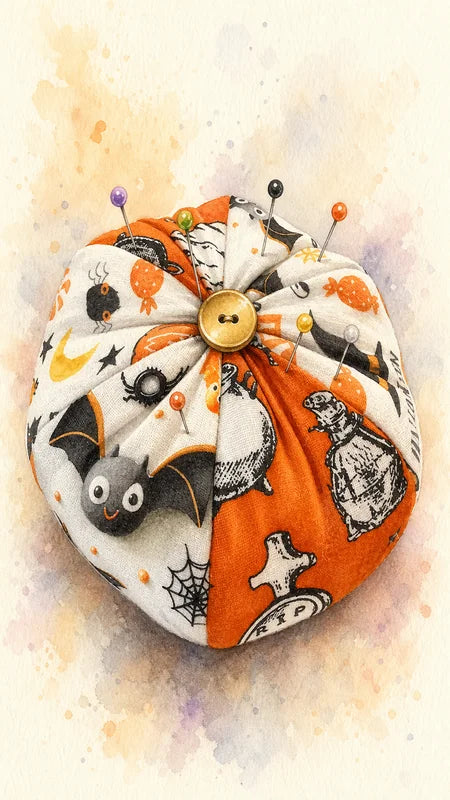 Porte-épingles citrouille d'Halloween en tissus orange et noir cousu main, bouton doré masquant le point de convergence des fils et épingles plantées — patron de couture PDF gratuit à télécharger