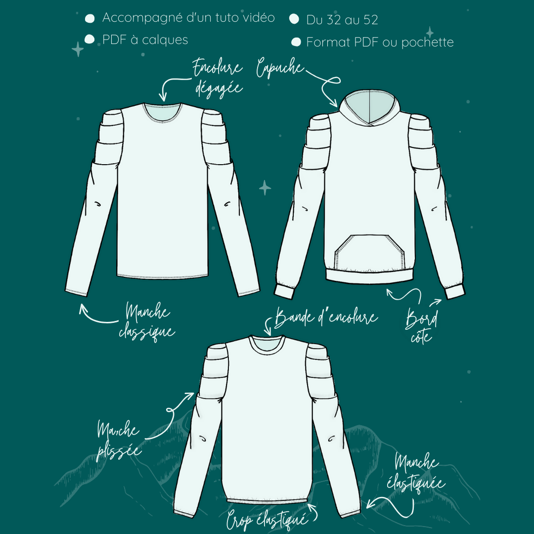 Schéma du Sweat Calao du 32 au 52 avec options de manches et formats PDF à télécharger.