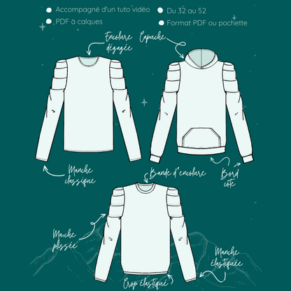 Schéma du Sweat Calao du 32 au 52 avec options de manches et formats PDF à télécharger.