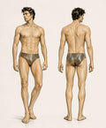 Modèle portant le Patron PDF Sous-Vêtement Homme FARAON du XS au XXL, slip bikini avec détail doré, patron de couture pdf à télécharger.