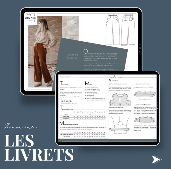 Guide de réalisation en PDF pour le patron de couture, incluant des instructions pour la blouse ROSAE et le pantalon.