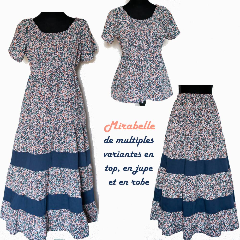 Robe, blouse, jupe, 34 au 56, 4 statures – Mirabelle