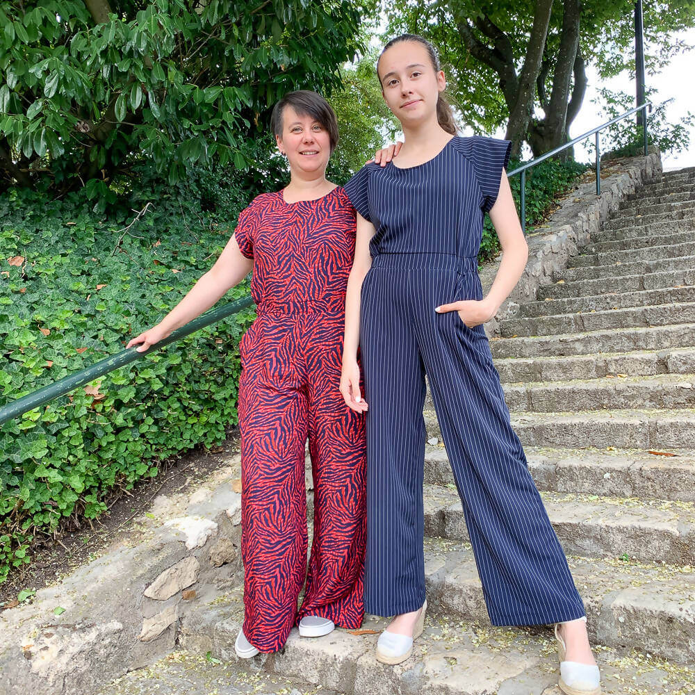 Deux femmes portant la Combinaison, pantalon, 34 au 56, 4 statures – Vanille en extérieur, patron de couture pdf à télécharger.