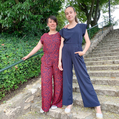 Deux femmes portant la Combinaison, pantalon, 34 au 56, 4 statures – Vanille en extérieur, patron de couture pdf à télécharger.