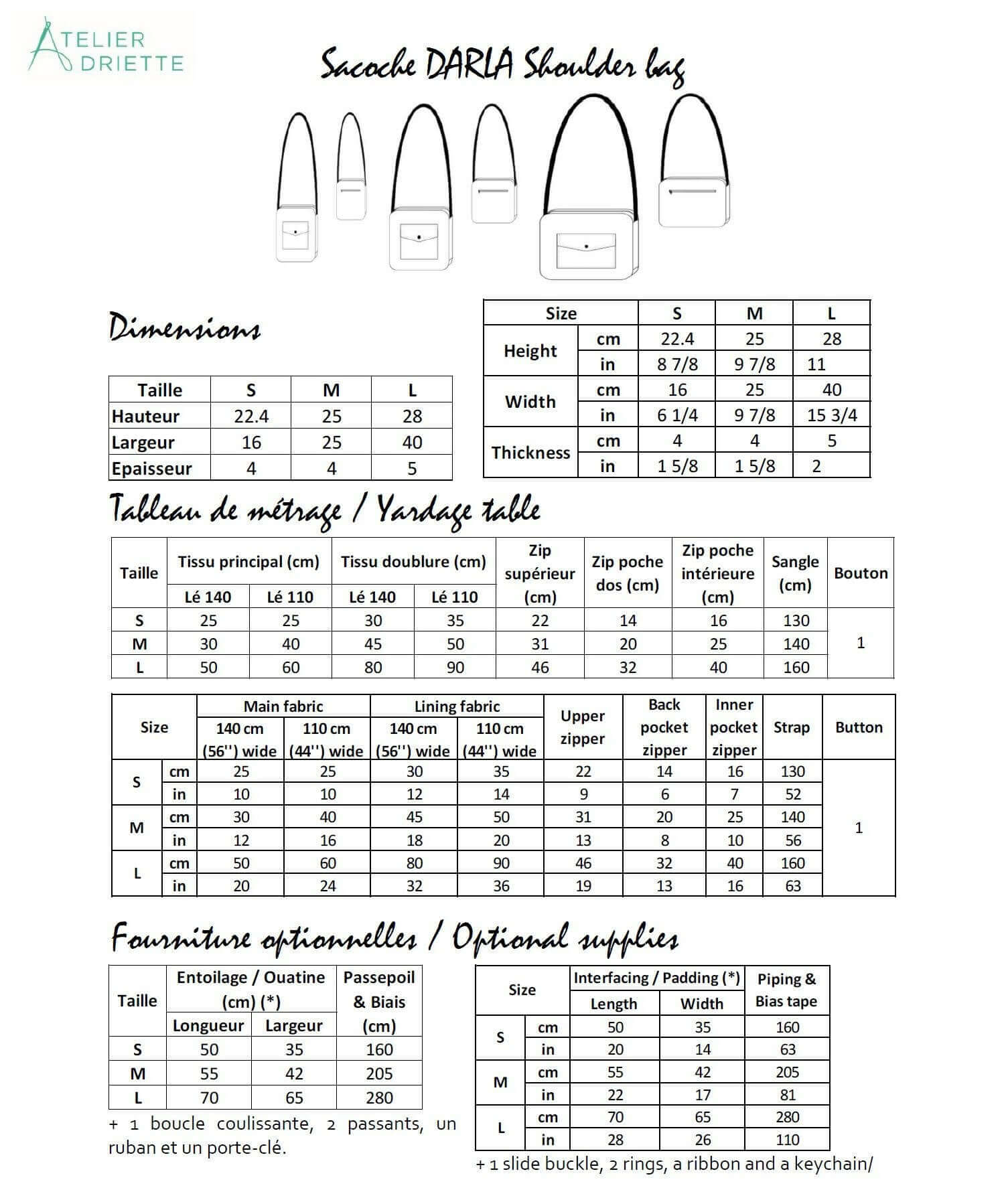 Patron de couture pdf à télécharger pour DARLA - La sacoche à bandoulière tailles S, M et L avec détails dimensionnels et fournitures.