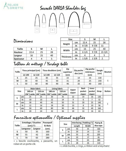 Patron de couture pdf à télécharger pour DARLA - La sacoche à bandoulière tailles S, M et L avec détails dimensionnels et fournitures.