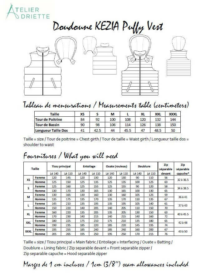 Patron de couture PDF pour Duo KEZIA - Doudoune sans manches mixte pour adulte (XS au XXXL) et enfant (2 à 16 Ans) avec mesures.