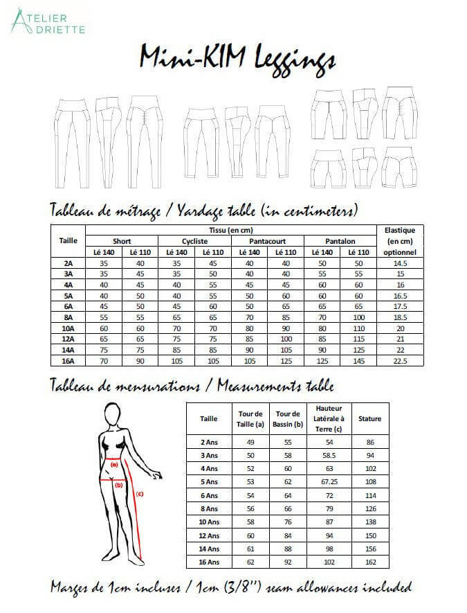 Tableau des tailles et mesures pour le patron de couture pdf à télécharger Duo KIM - legging pour femmes (34-54) et filles (2-16 Ans).