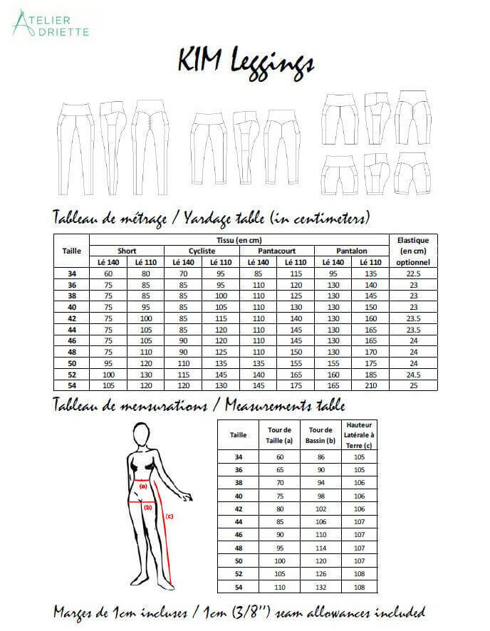 Table de mesures et options pour le patron de couture pdf à télécharger Duo KIM - legging pour femmes (34-54) et filles (2-16 Ans).