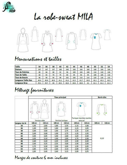 Guide des tailles et fournitures pour Duo Mère-Fille de robe sweat MILA (2-16 Ans / 34-54), patron de couture pdf à télécharger.