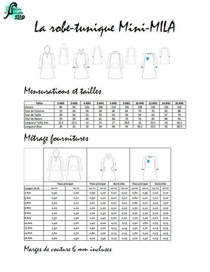 Patron de couture PDF à télécharger pour Duo Mère-Fille de robe sweat MILA (2-16 Ans / 34-54), guide des tailles et fournitures inclus.