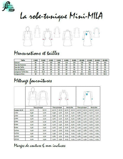 Patron de couture PDF à télécharger pour Duo Mère-Fille de robe sweat MILA (2-16 Ans / 34-54), guide des tailles et fournitures inclus.