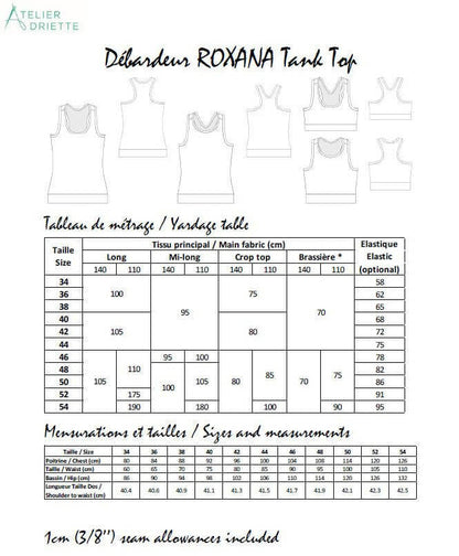 Tableau des tailles et mesures du Duo ROXANA - Débardeur pour femmes (34 - 54) et filles (2 - 16 Ans), patron de couture pdf à télécharger.