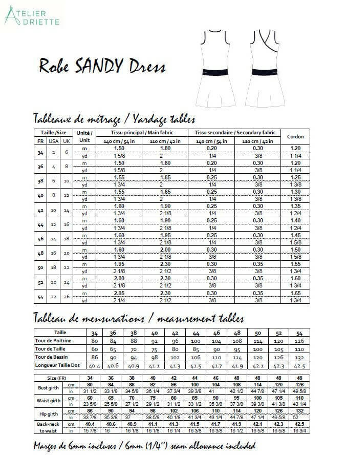 Tableau des tailles pour le Duo SANDY - Robe cache coeur pour femmes (34 à 54) et filles (2 à 16 Ans), patron de couture pdf à télécharger.
