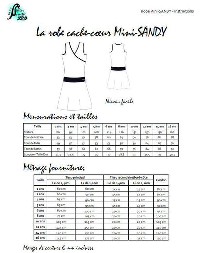 Tableau des tailles et fournitures pour le patron de couture pdf à télécharger de la robe Mini-SANDY cache-cœur pour filles.