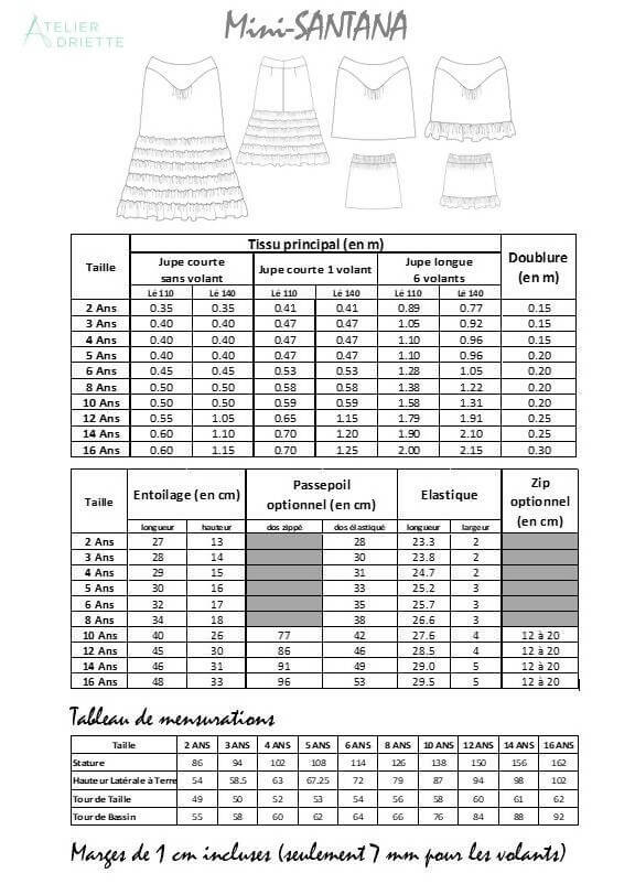 Duo SANTANA - Jupe longue à volants pour femmes (34-54) et filles (2-16 Ans), patron de couture pdf à télécharger avec tailles et instructions.