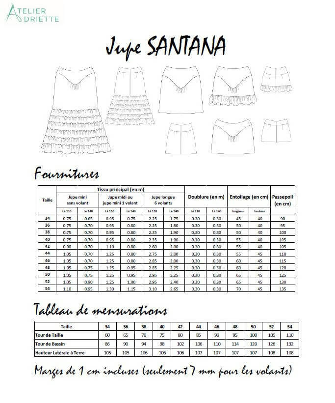 Patron de couture pdf à télécharger pour Duo SANTANA - Jupe longue à volants pour femmes (34-54) et filles (2-16 Ans) avec tableau des tailles.