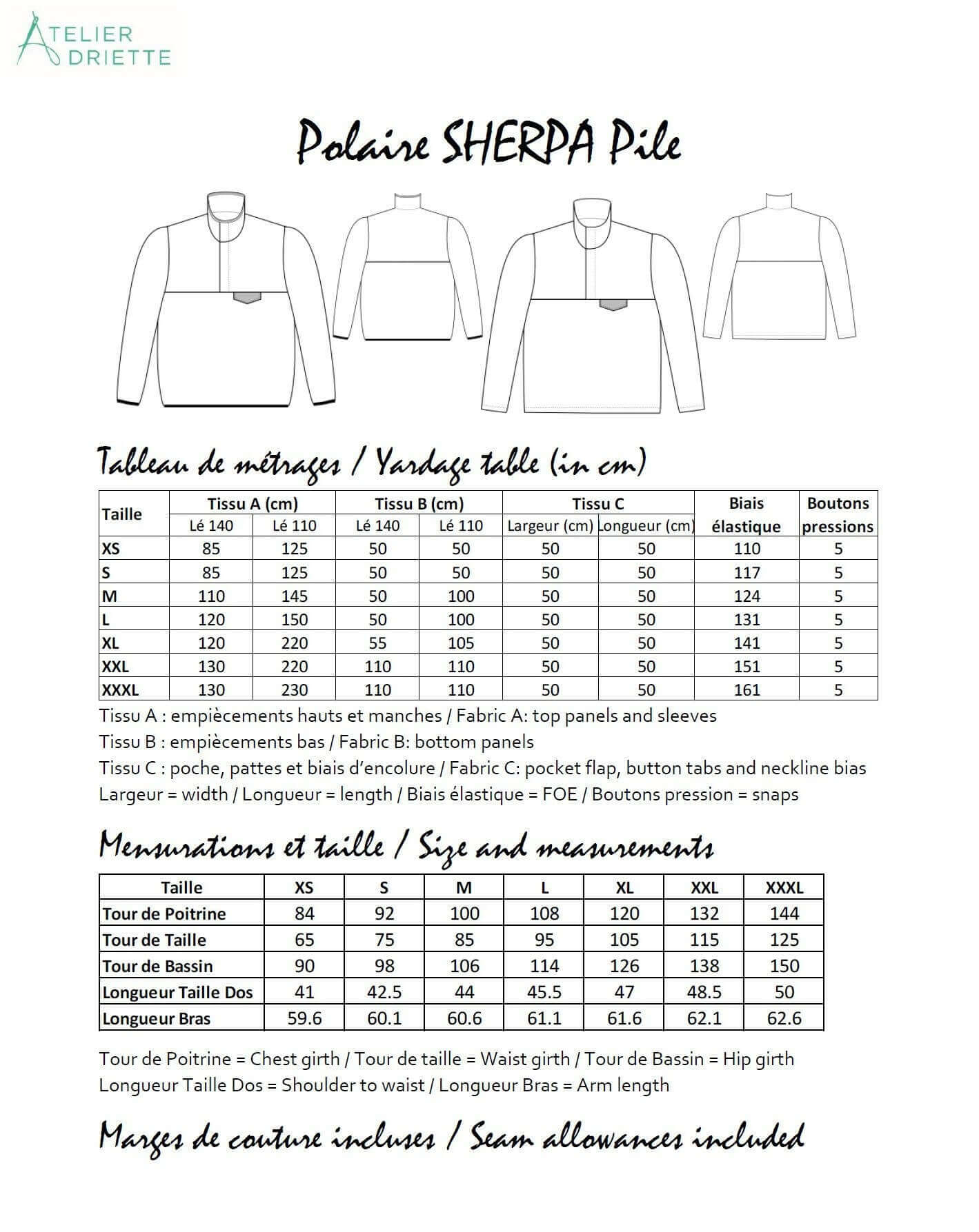 Tableau des tailles et instructions pour Duo SHERPA - Polaire mixte pour adultes (XS - XXXL) et enfants (2 à 16 Ans), patron de couture PDF à télécharger.