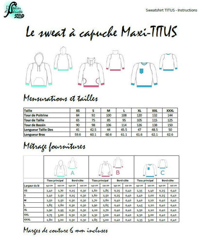 Guide de tailles et fournitures pour Duo sweat TITUS pour adultes (XS - XXXL) et enfants (2 - 16 Ans), patron de couture pdf à télécharger.