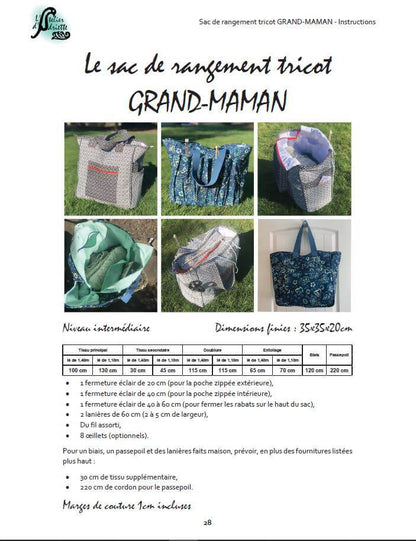 GRAND-MAMAN - Sac de tricot 35cm x 35cm x 20cm avec images et instructions, idéal pour patron de couture pdf à télécharger.