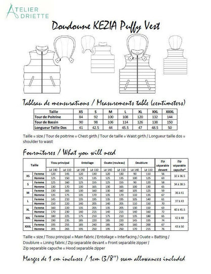 Guide des tailles et fournitures pour le KEZIA - Doudoune sans manches mixte pour adultes du XS au XXXL, patron de couture PDF à télécharger.