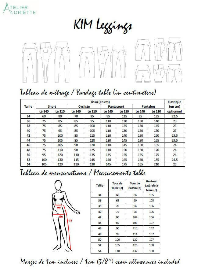 Tableau des tailles pour KIM - legging pour femmes du 34 au 54 avec patron de couture pdf à télécharger.