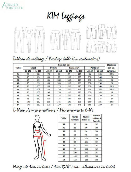 Tableau des tailles pour KIM - legging pour femmes du 34 au 54 avec patron de couture pdf à télécharger.