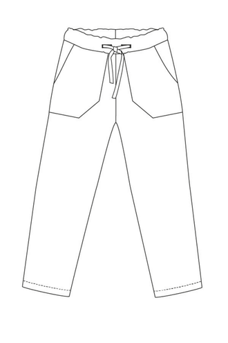 Le Pantalon Chambarand en 13 tailles, patron de couture pdf à télécharger pour bébés et enfants, 12 mois à 14 ans, illustration du modèle.