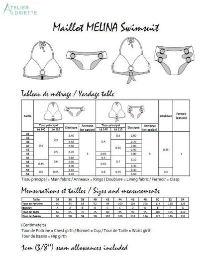 Patron de couture pdf à télécharger pour MELINA - Bikini pour femmes du 34 au 54 avec options de hauts et bas