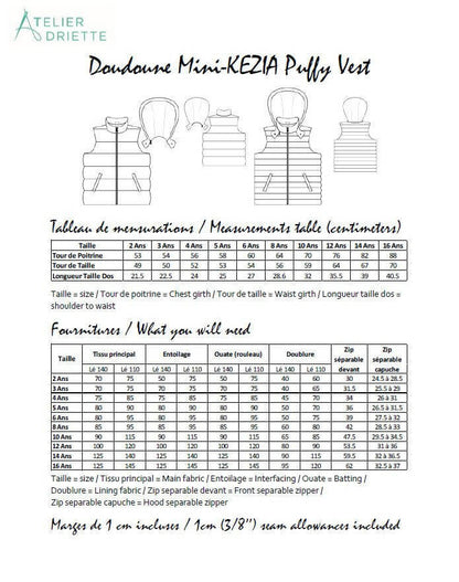Tableau des tailles et fournitures pour Mini-KEZIA - Doudoune sans manches mixte pour enfants du 2 au 16 Ans, patron de couture pdf à télécharger.
