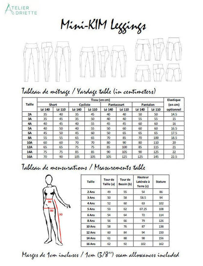 Tableau des tailles et mesures pour Mini-KIM - Legging pour filles du 2 au 16 Ans, patron de couture pdf à télécharger.