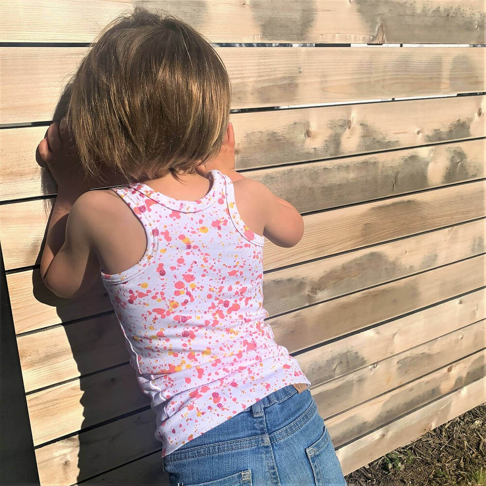 Mini-ROXANA - Débardeur pour filles du 2 au 16 Ans, patron de couture pdf à télécharger, débardeur dos nageur rose et blanc à motifs