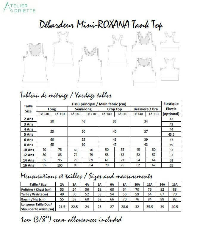 Tableau tailles et mesures Mini-ROXANA - Débardeur pour filles du 2 au 16 Ans, patron de couture pdf à télécharger, Atelier Droite.