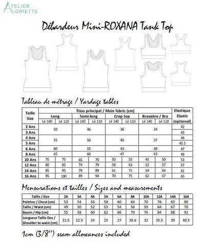 Tableau tailles et mesures Mini-ROXANA - Débardeur pour filles du 2 au 16 Ans, patron de couture pdf à télécharger, Atelier Droite.