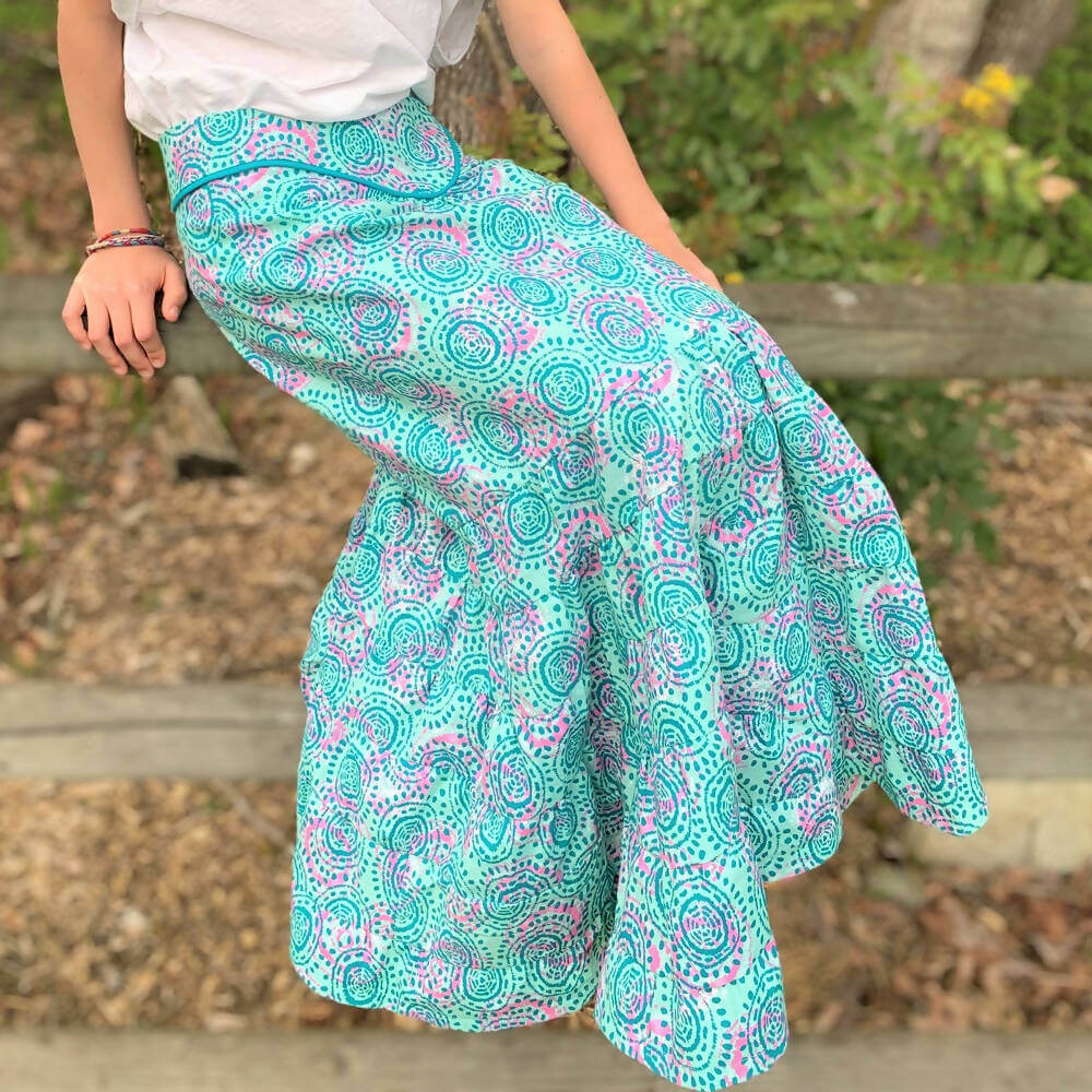 Mini-SANTANA - Jupe longue à volants pour filles du 2 au 16 Ans, patron de couture pdf à télécharger, motif imprimé bohème.