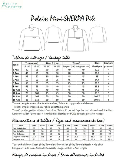Tableau des tailles pour le patron de couture pdf à télécharger Mini-SHERPA - Polaire mixte pour enfants du 2 au 16 Ans.