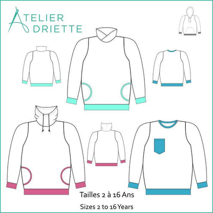 Options Sweat TITUS du 2 au 16 Ans patron de couture pdf à télécharger, affichant différentes options de poches et d'encolures pour enfants