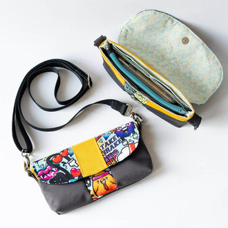 Pack de 3 pochettes et portefeuille – Safran avec pochette-portefeuille colorée et bandoulière, patron de couture pdf à télécharger.