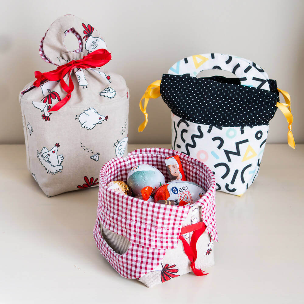 Panier 3 en 1 : sac, panière, pochette cadeau – Friandise, patron de couture pdf à télécharger pour fêtes comme Pâques ou Noël.