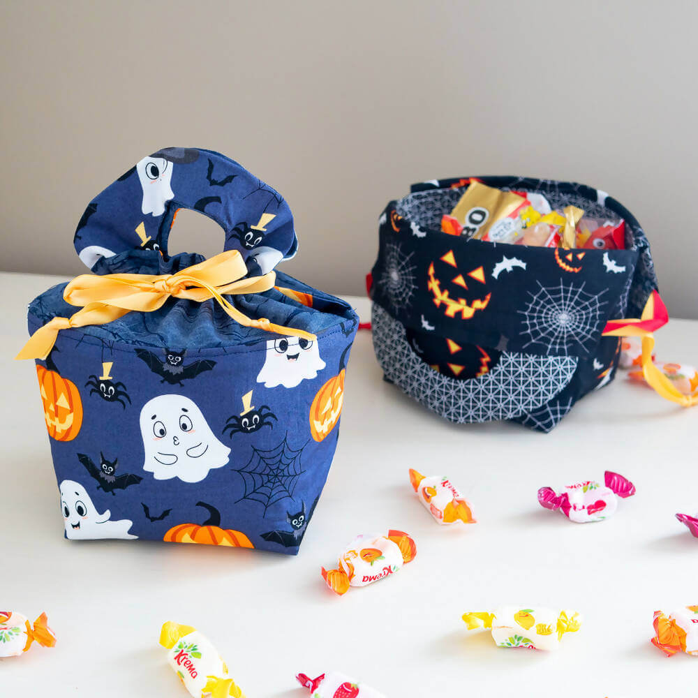 Panier 3 en 1 : sac, panière, pochette cadeau – Friandise avec motifs d'Halloween, patron de couture pdf à télécharger.