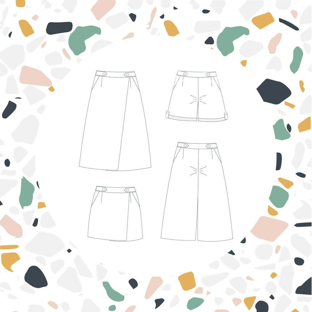 Illustration du Pantalon - Short Deauville - T34 à 48, patron de couture pdf à télécharger, montrant des variations de styles.