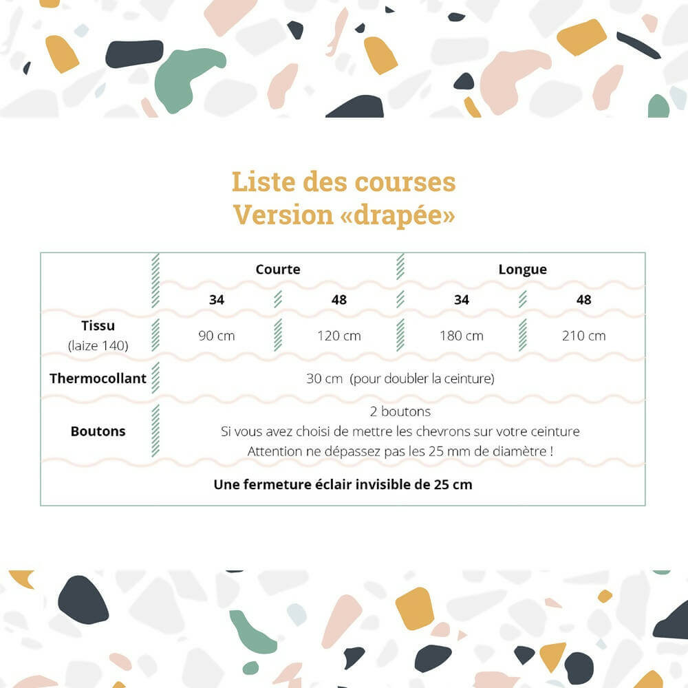 Liste des courses pour Pantalon - Short Deauville - T34 à 48, incluant tissu, thermocollant et boutons pour version drapée.