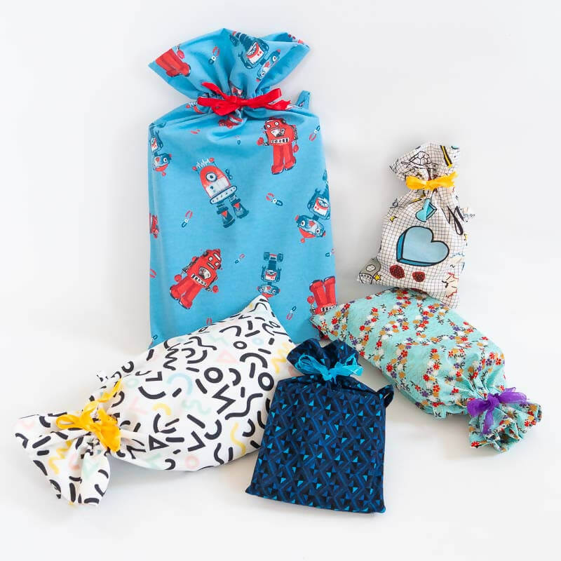 Pochette cadeaux zéro déchet, 6 formats – Oooh! avec motifs colorés, patron de couture pdf à télécharger.