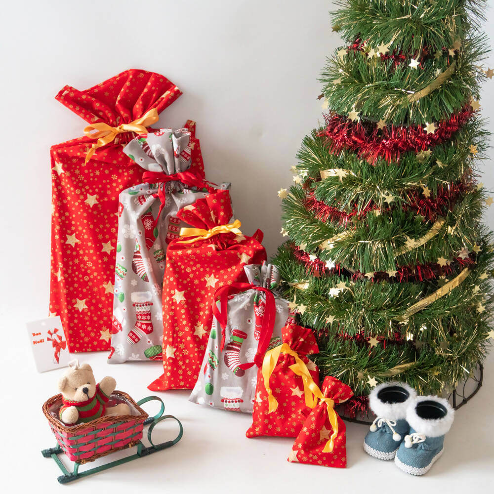 Pochette cadeaux zéro déchet, 6 formats – Oooh! sous un sapin, patron de couture pdf à télécharger, emballage réutilisable en tissu.