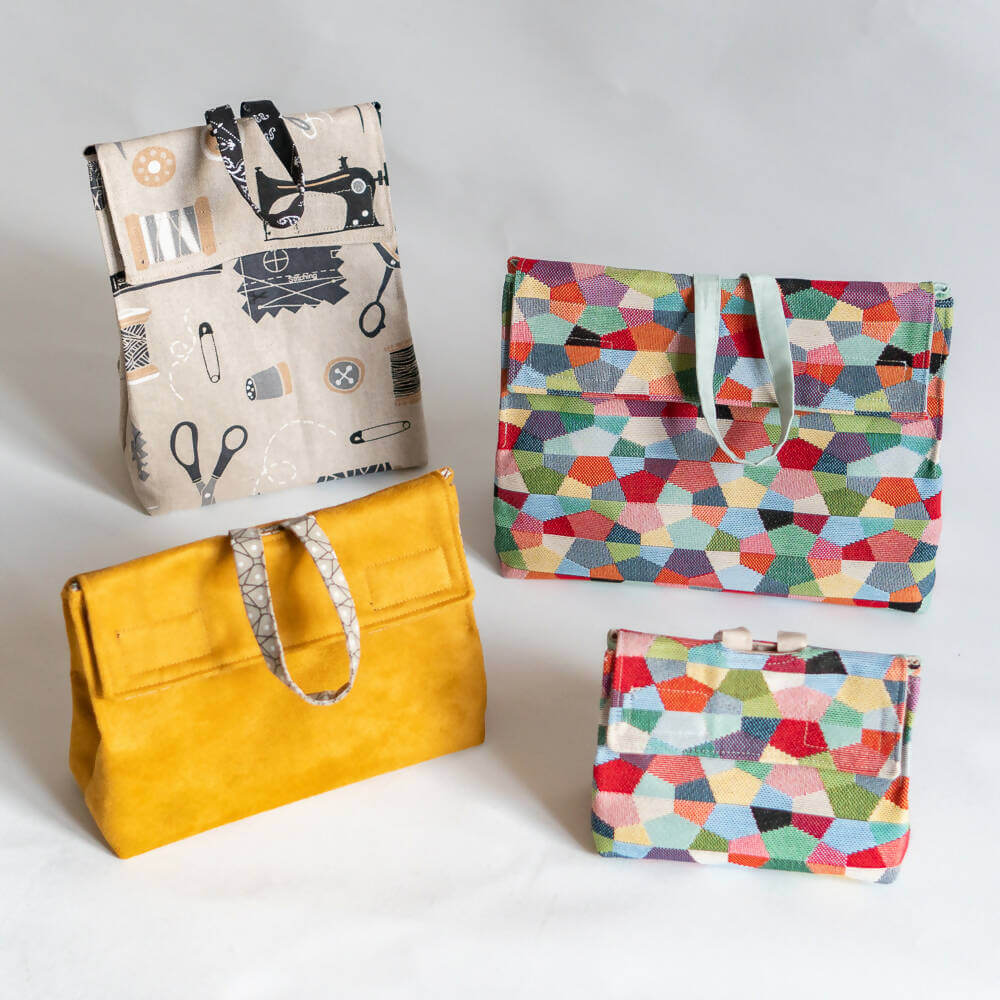 4 pochettes Curcuma, patron de couture pdf à télécharger, en 4 tailles différentes pour rangement ou pochette cadeau.