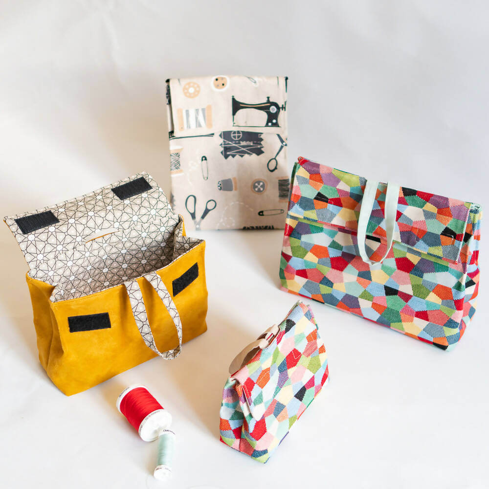 Pochette, pochette cadeau, 4 tailles – Curcuma, patron de couture pdf à télécharger. Quatre pochettes colorées avec accessoires de couture.