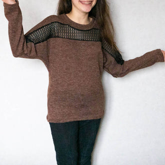 Pull femme avec empiècements, 34 au 56, 4 statures – Poivre et sel, patron de couture pdf à télécharger, manches kimono, dentelle