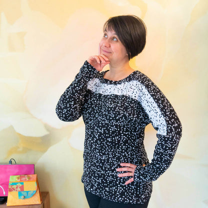 Pull femme avec empiècements, 34 au 56, 4 statures – Poivre et sel, patron de couture pdf à télécharger, manches kimono