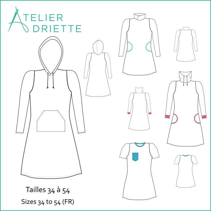 Patron de couture pdf à télécharger pour Robe Sweat MILA pour femmes du 34 au 54, options encolure et manches, Atelier Driette